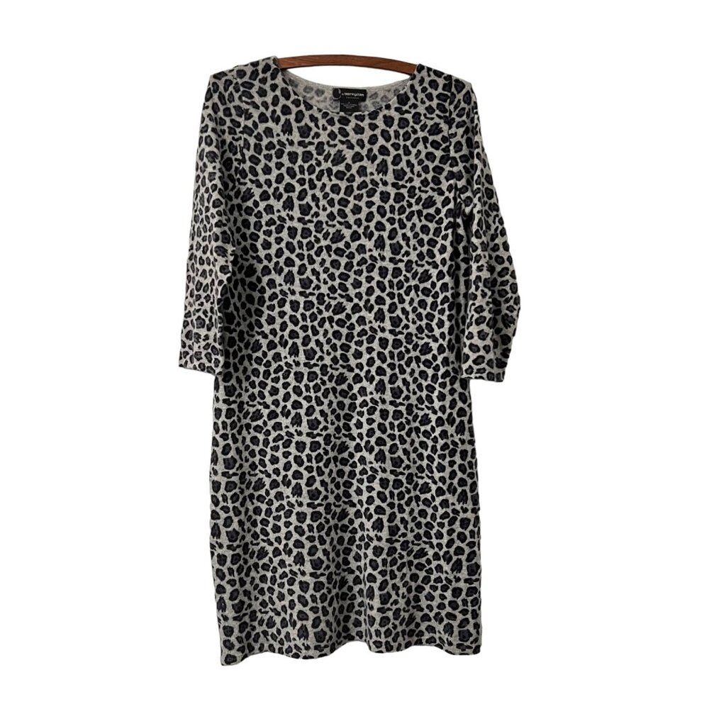 Bloomingdales Cashmere Gray Black Animal Print Long Sleeve Sweater Dress Size M